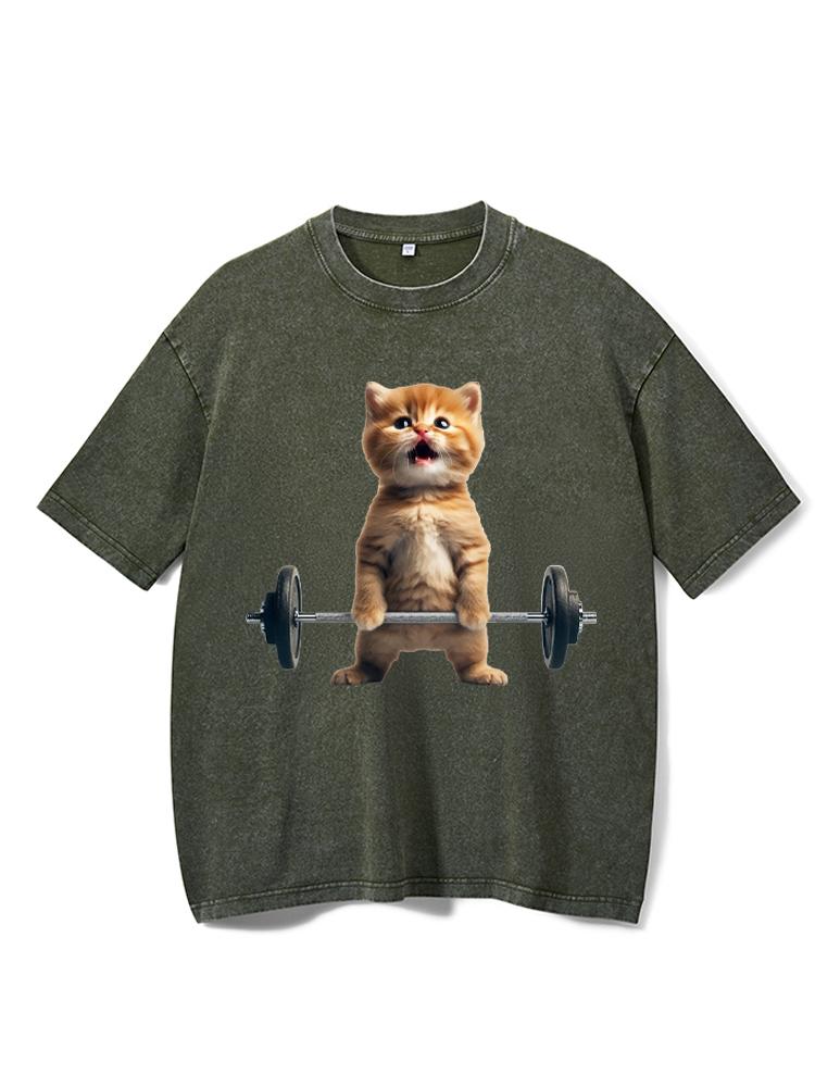 Cat Weightlifting Washed Gym Shirt