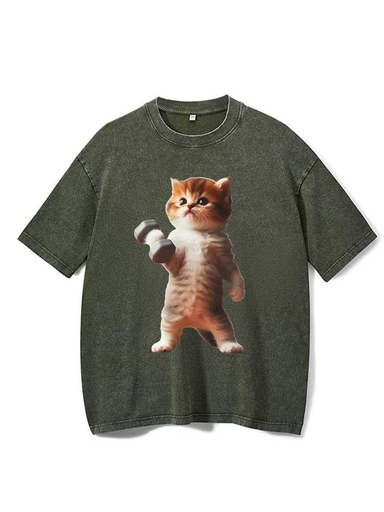 Exercise Cat Washed Gym Shirt