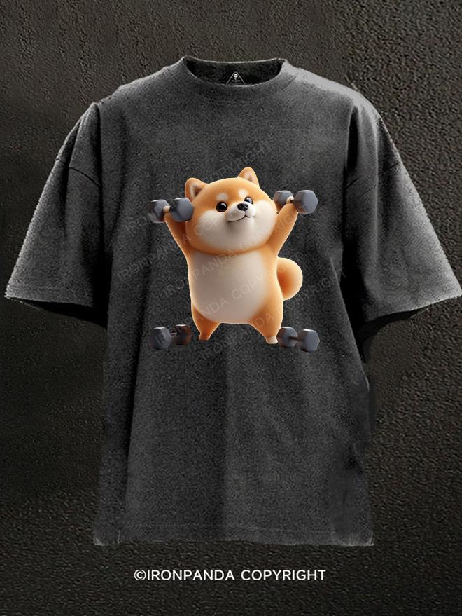 Shiba with weights Washed Gym Shirt