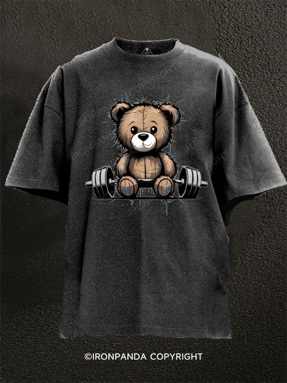 a plush teddy bear on a barbell Washed Gym Shirt